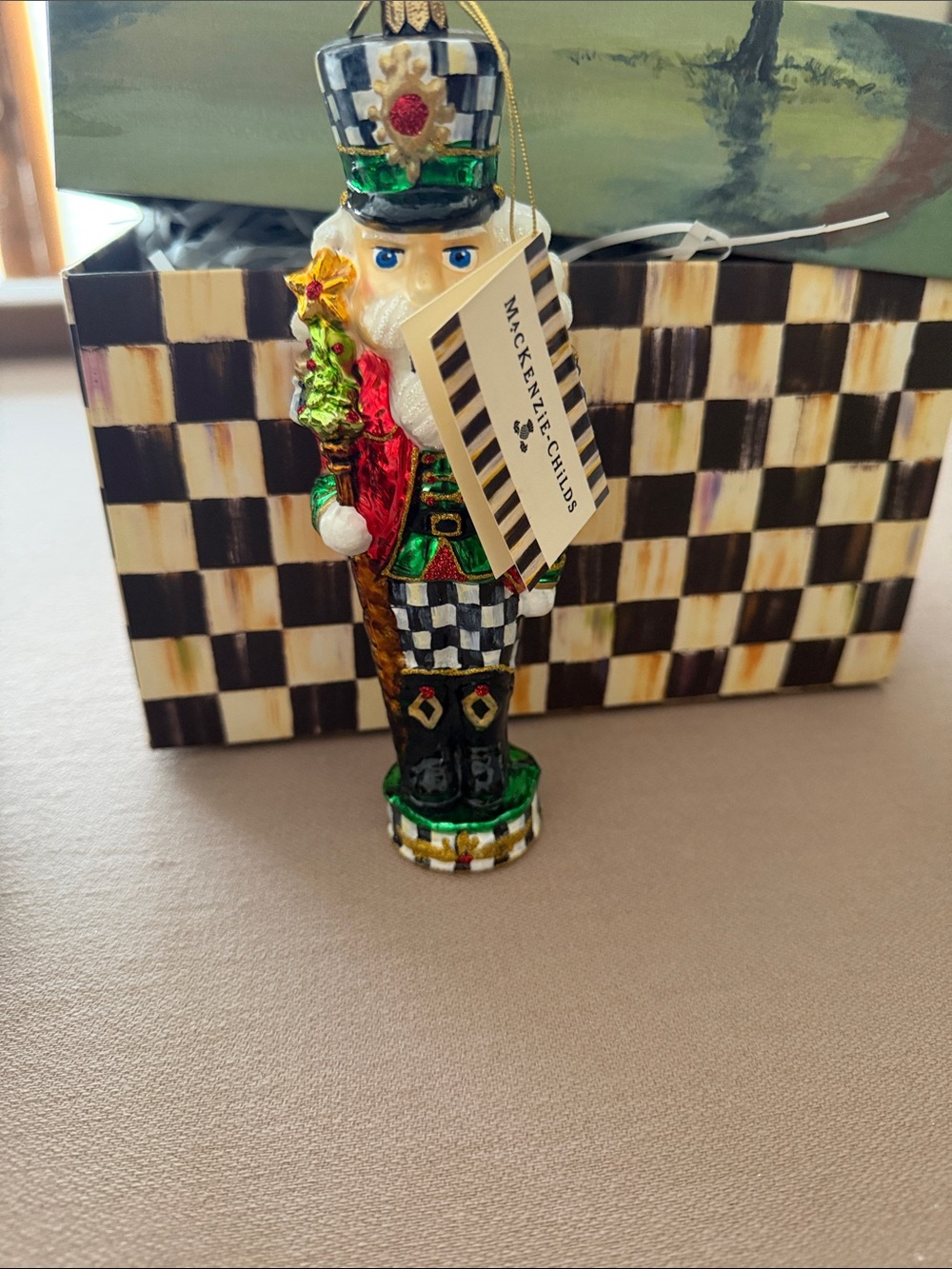 MacKenzie-Childs Hand-Painted Checkered Nutcracker Ornament in Green, Red, Black